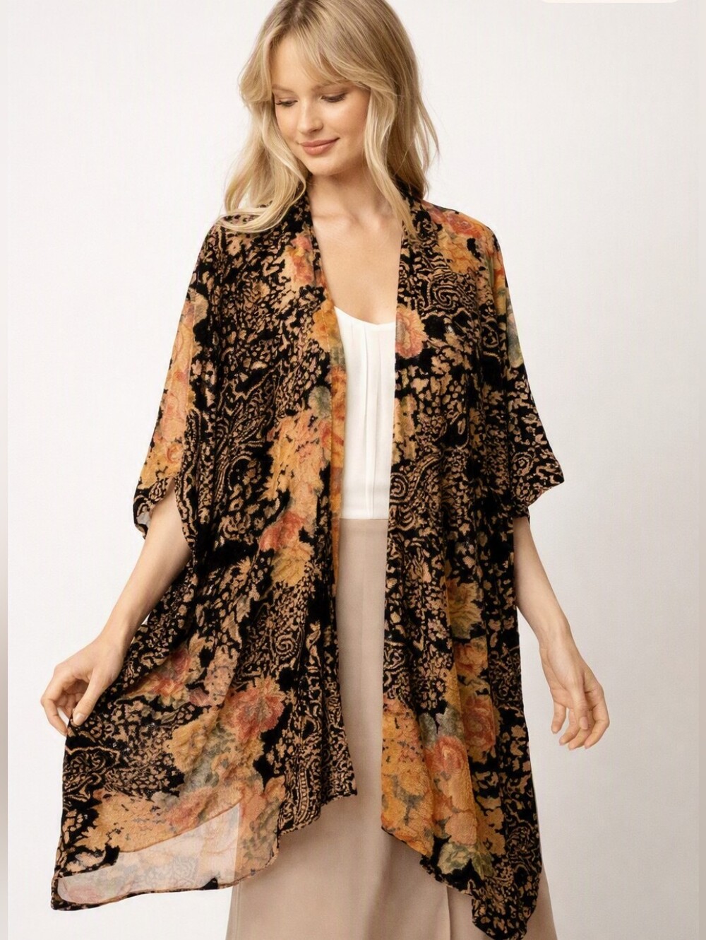 Mystree Black Velvet Floral Kimono Duster - Size: One Size NWT